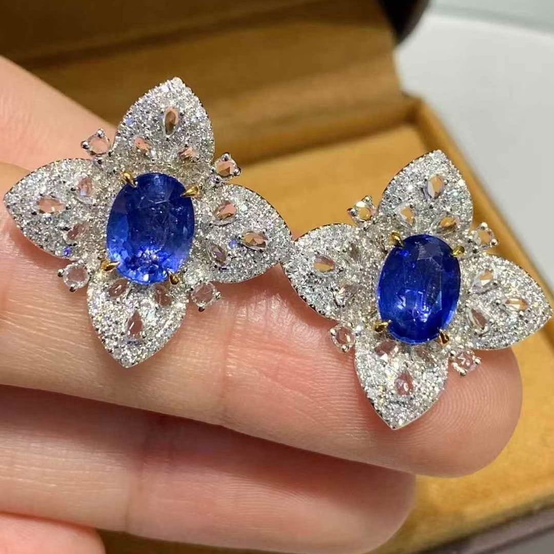 14k Gold 3.75 Ct Natural Sapphire & Diamond Earrings - 2