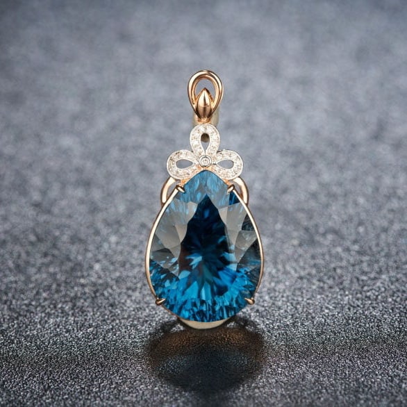 14k Gold 17.35 Ct Natural Topaz & Diamond Pendant( Without Chain ): Ref:231151098 // gold content:14k gold // main gemstone:topaz // shape:pear // carat weight:17. 35ct // color:blue // treatment:natural // // adjacent gemstone 2 : diamond // shape:round // clarity