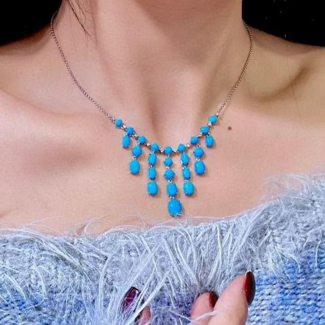 14k Gold 13.37 Ctw Natural Blue Turquoise & Diamond Necklace - 4