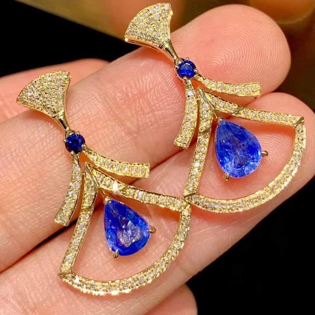 14k Gold 1.6 Ct Natural Sapphire & Diamond Earrings - 5