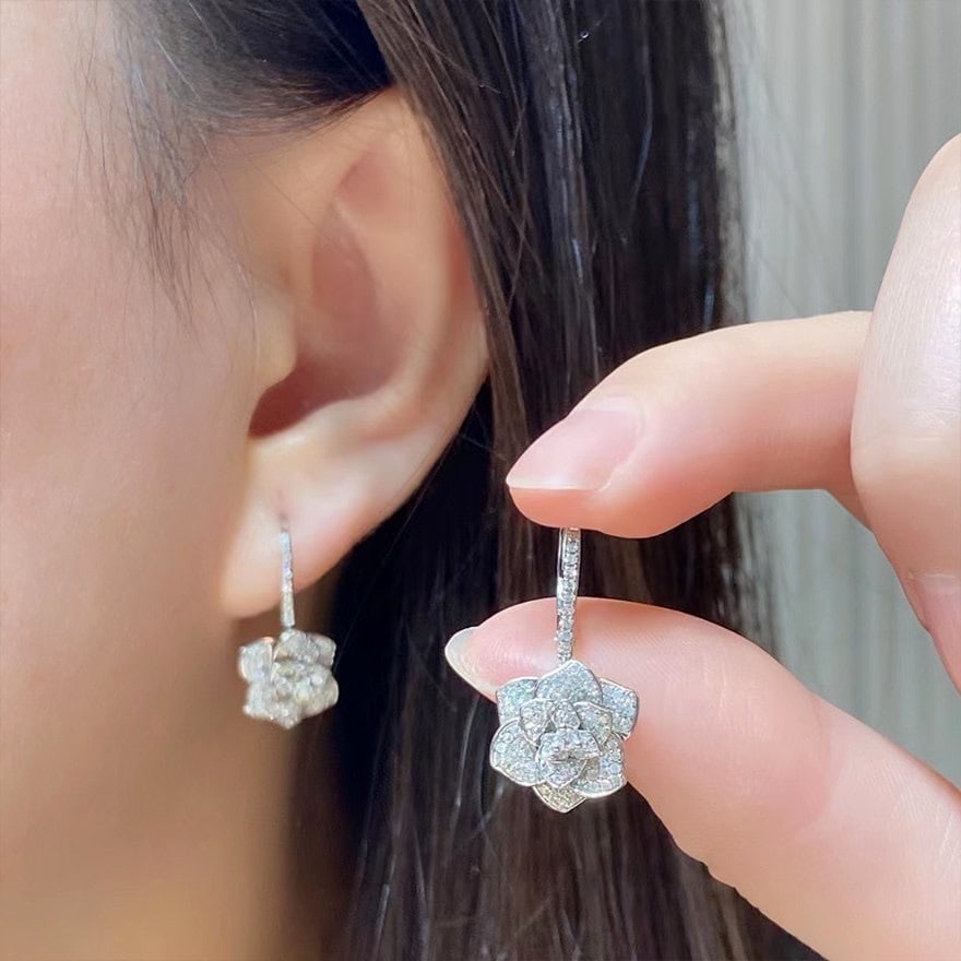 14k Gold 0.80 Ct Natural H Diamond & Flowers Earrings - 4