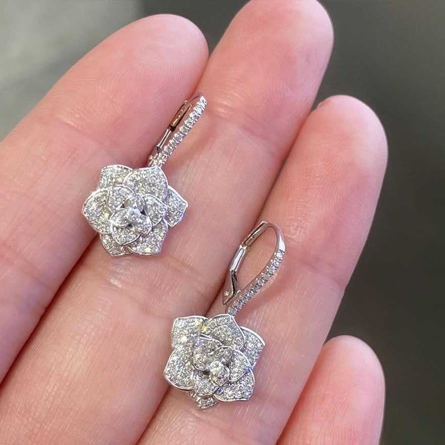 14k Gold 0.80 Ct Natural H Diamond & Flowers Earrings - 6