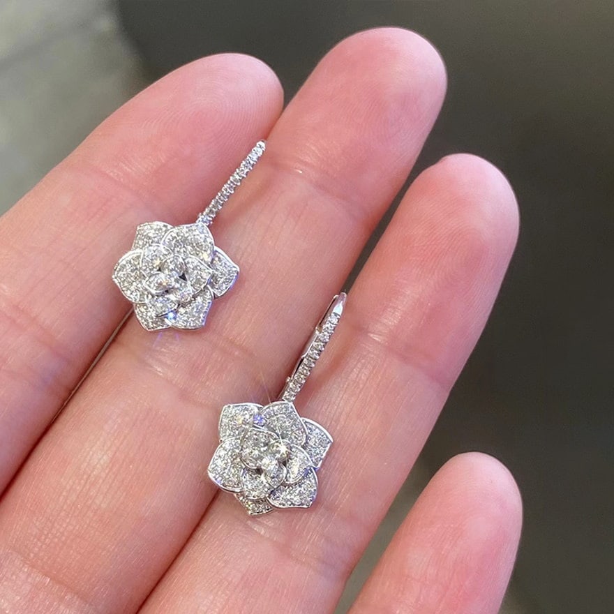 14k Gold 0.80 Ct Natural H Diamond & Flowers Earrings - 7