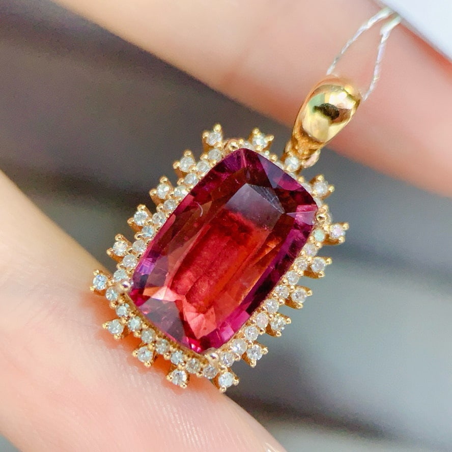 14k Gold 3.82 Ctw Natural Tourmaline & Diamond Pendant( Without Chain ): Ref:231151186 // gold content:14k gold // main gemstone:tourmaline // shape:cushion // carat weight:3. 55ct // color:red // treatment:natural // // adjacent gemstone 2 : diamond // number of