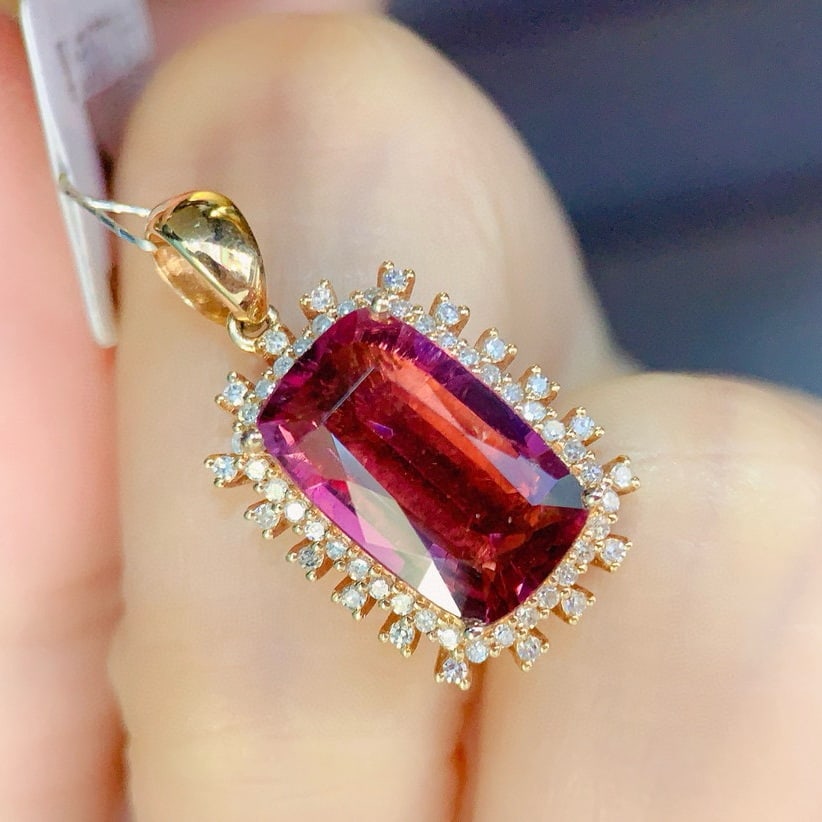 14k Gold 3.82 Ctw Natural Tourmaline & Diamond Pendant( Without Chain ) - 3