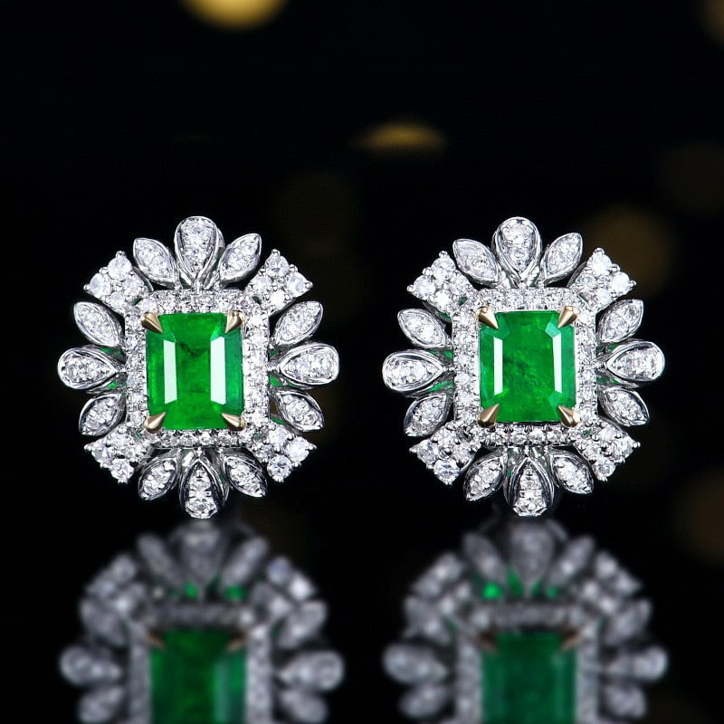 14k Gold 1.13 Ctw Vivid Green Natural Emerald & Diamond Earrings: Ref:231151198 // gold content:14k gold // main gemstone:emerald // shape:octagonal // carat weight:0. 78ct // color:vivid green // treatment:natural // // adjacent gemstone 2 : diamond // number of st