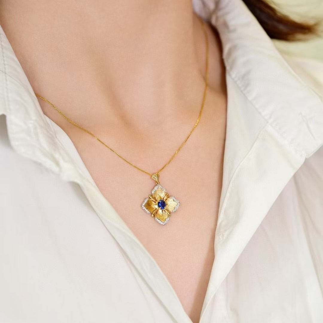 14k Gold 0.68 Ctw Natural Sapphire & Diamond Pendant( Without Chain ) - 2