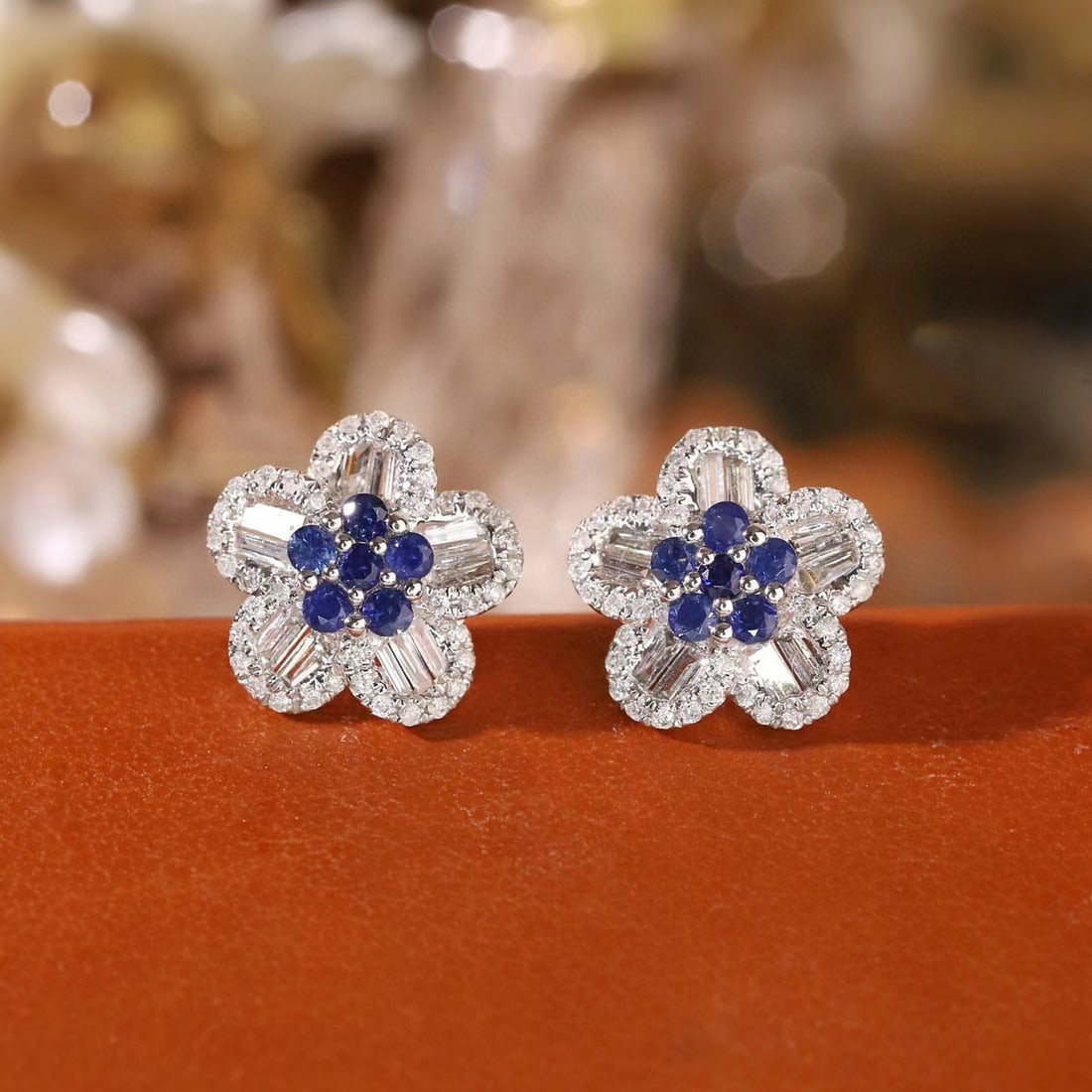14k Gold 0.92 Ctw Natural Sapphire & Diamond Earrings: Ref:231151217 // gold content:14k gold // main gemstone:sapphire // shape:round // carat weight:0. 46ct // color:blue // treatment:natural // cut grade:g // // adjacent gemstone 2 : diamond //