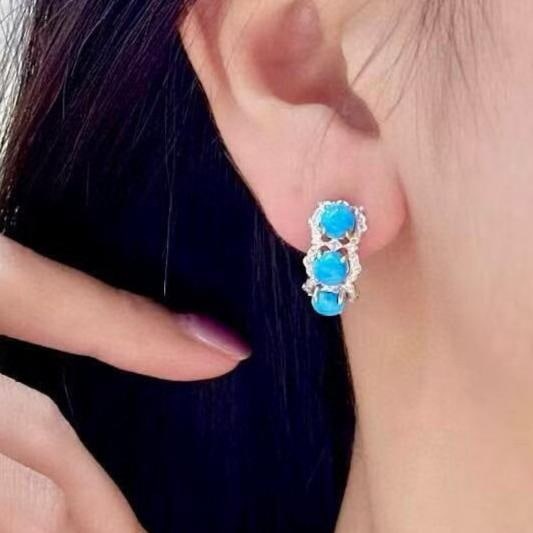 14k Gold 3.54 Ctw Natural Blue Turquoise & Diamond Earrings - 4