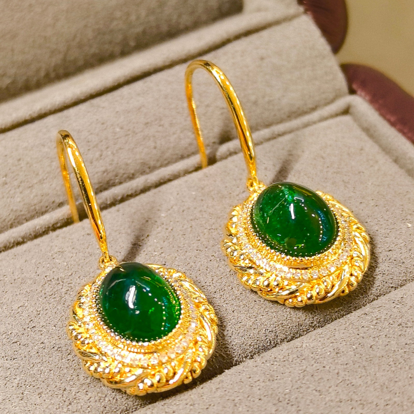 14k Gold 5.94 Ctw Vivid Green Natural Emerald & Diamond Earrings - 2