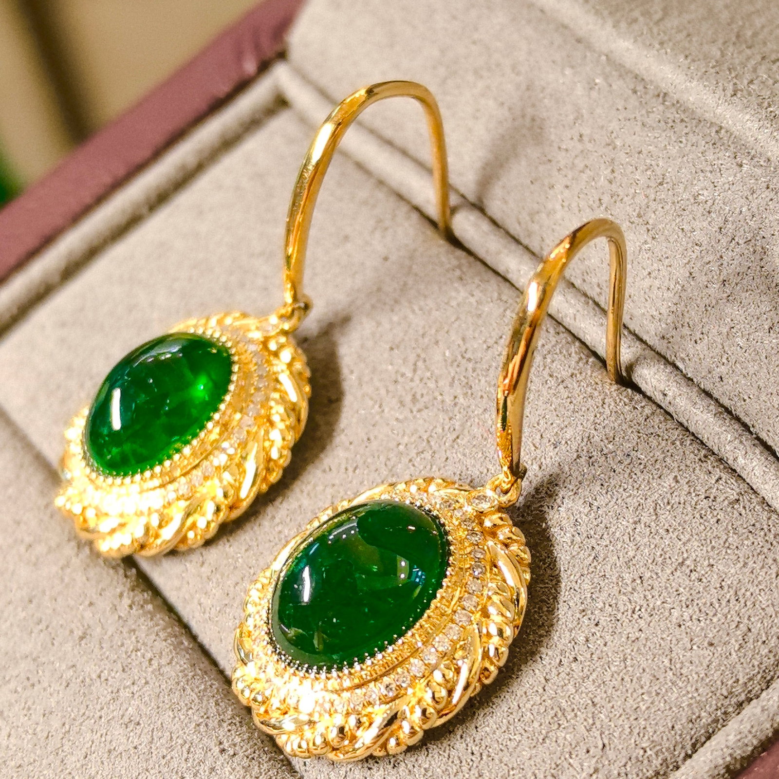 14k Gold 5.94 Ctw Vivid Green Natural Emerald & Diamond Earrings - 4