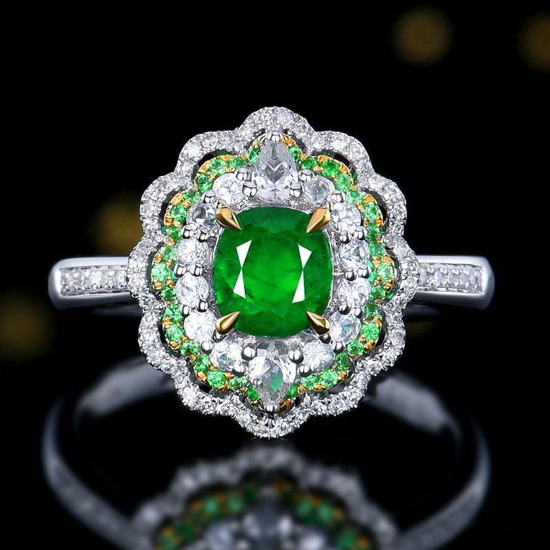 14k Gold 0.89 Ctw Natural Emerald & Diamond Ring: Ref:231151253 // gold content:14k gold // ring size:7. 25us // // main gemstone:emerald // shape:cushion // carat weight:0. 68ct // color:green // treatment:natural // // adjacent gemstone 2 :