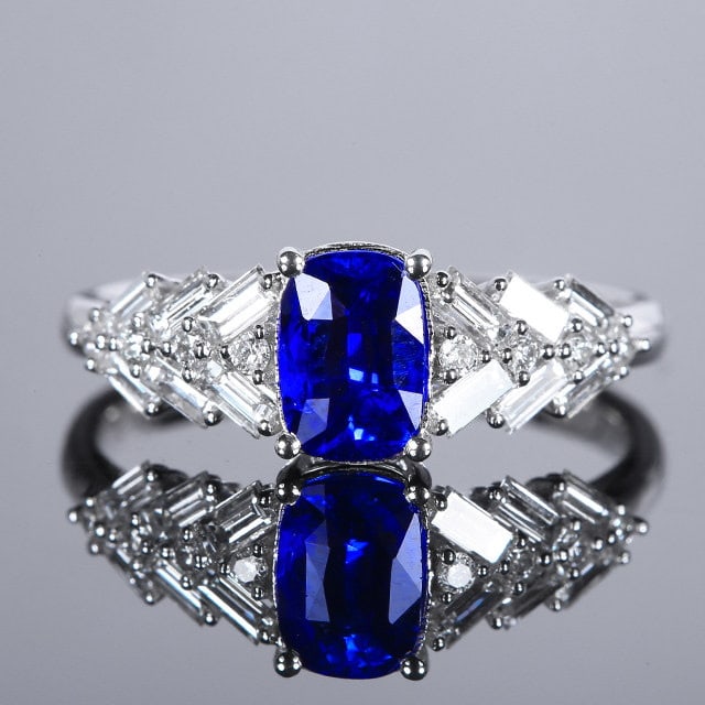 14k Gold 1.57 Ctw Natural Sapphire & Diamond Ring: Ref:231152015 // gold content:14k gold // ring size:7. 25us // // main gemstone:sapphire // shape:cushion // carat weight:1. 10ct // color:blue // treatment:natural // // adjacent gemstone 2 :
