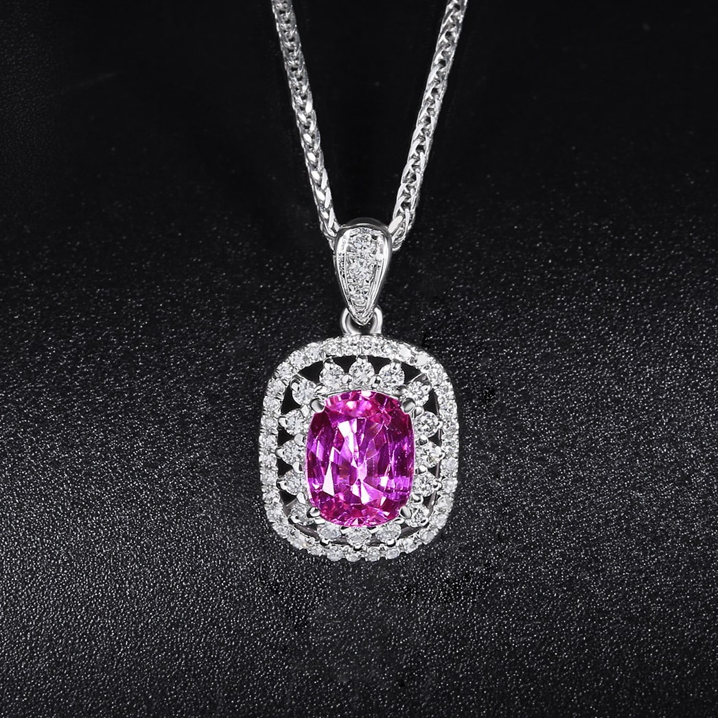 14k Gold 1.47 Ctw Natural Sapphire & Diamond Pendant( Without Chain ): Ref:231152035 // gold content:14k gold // main gemstone:sapphire // shape:cushion // carat weight:1. 18ct // color:pink // treatment:natural // // adjacent gemstone 2 : diamond // number of stones:54 