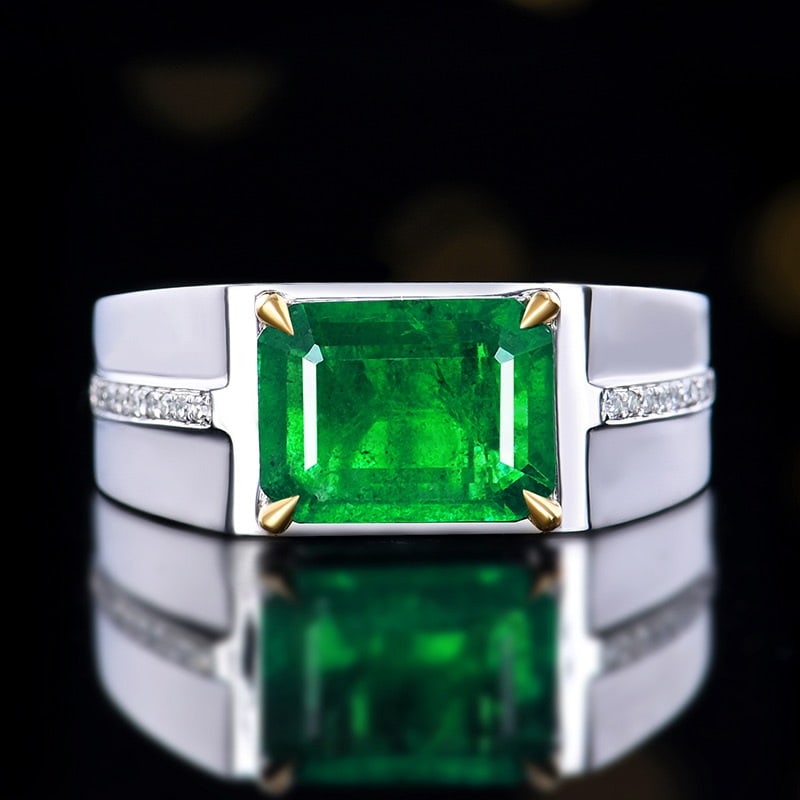 14k Gold 2.18 Ctw Vivid Green Natural Emerald & Diamond & Men¡¯s Ring: Ref:231152048 // gold content:14k gold // ring size:8us // // main gemstone:emerald // shape:octagonal // carat weight:2. 12ct // color:vivid green // treatment:natural // // adjacent gemstone 2 :