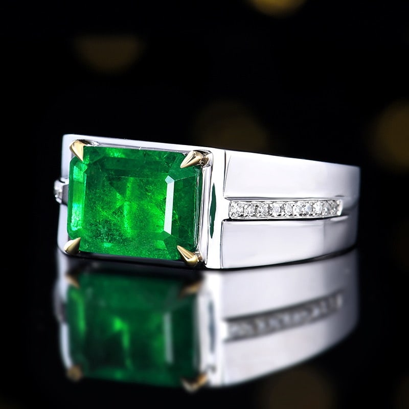 14k Gold 2.18 Ctw Vivid Green Natural Emerald & Diamond & Men¡¯s Ring - 2