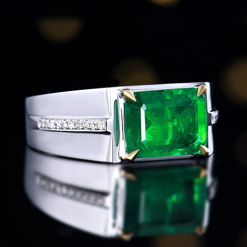 14k Gold 2.18 Ctw Vivid Green Natural Emerald & Diamond & Men¡¯s Ring - 3