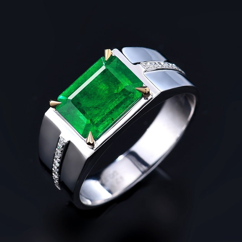 14k Gold 2.18 Ctw Vivid Green Natural Emerald & Diamond & Men¡¯s Ring - 4