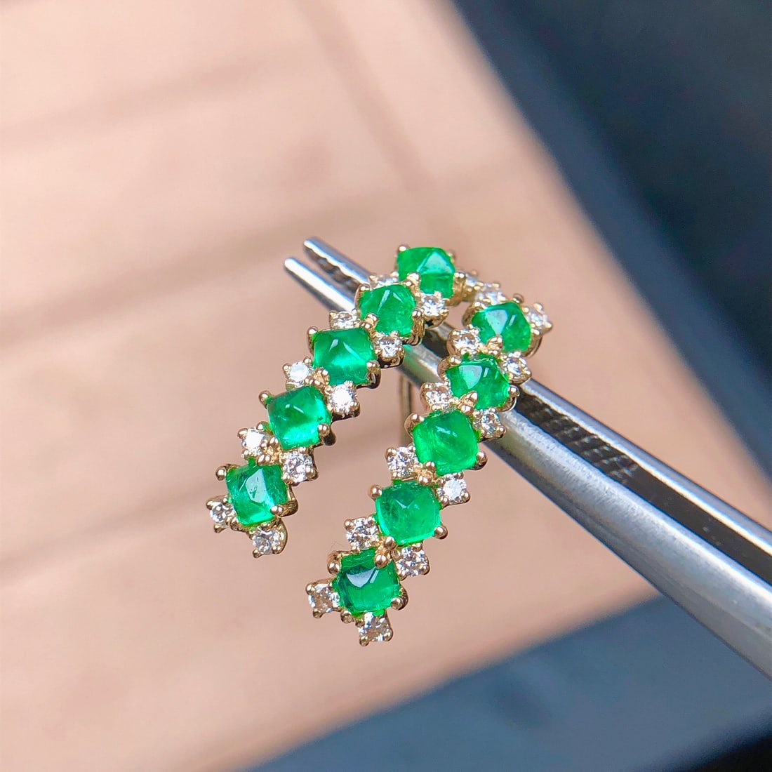 14k Gold 1.05 Ct Natural Emerald & Diamond Earrings - 2