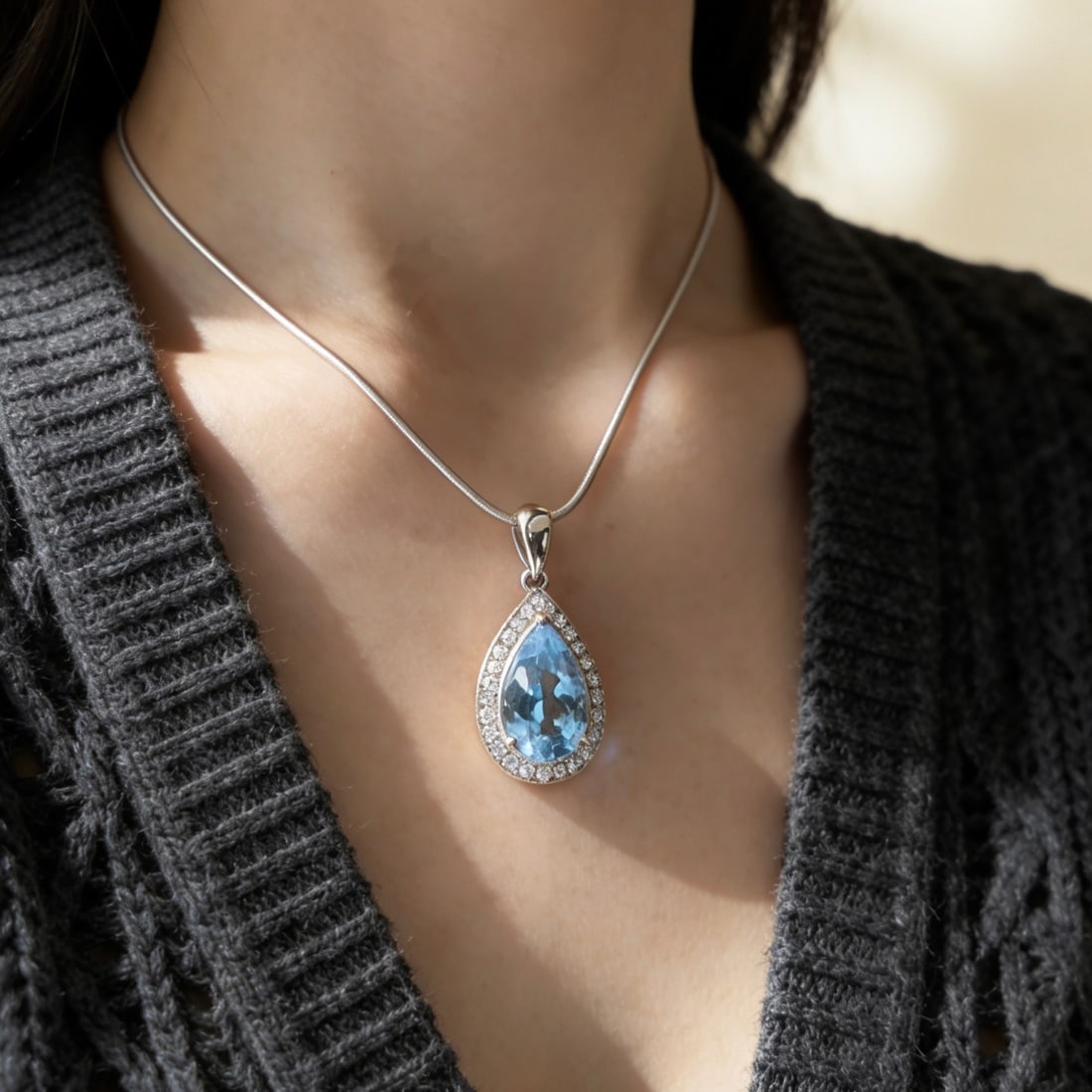 14k Gold 1.56 Ct Natural Aquamarine & Diamond Pendant( Without Chain ) - 3
