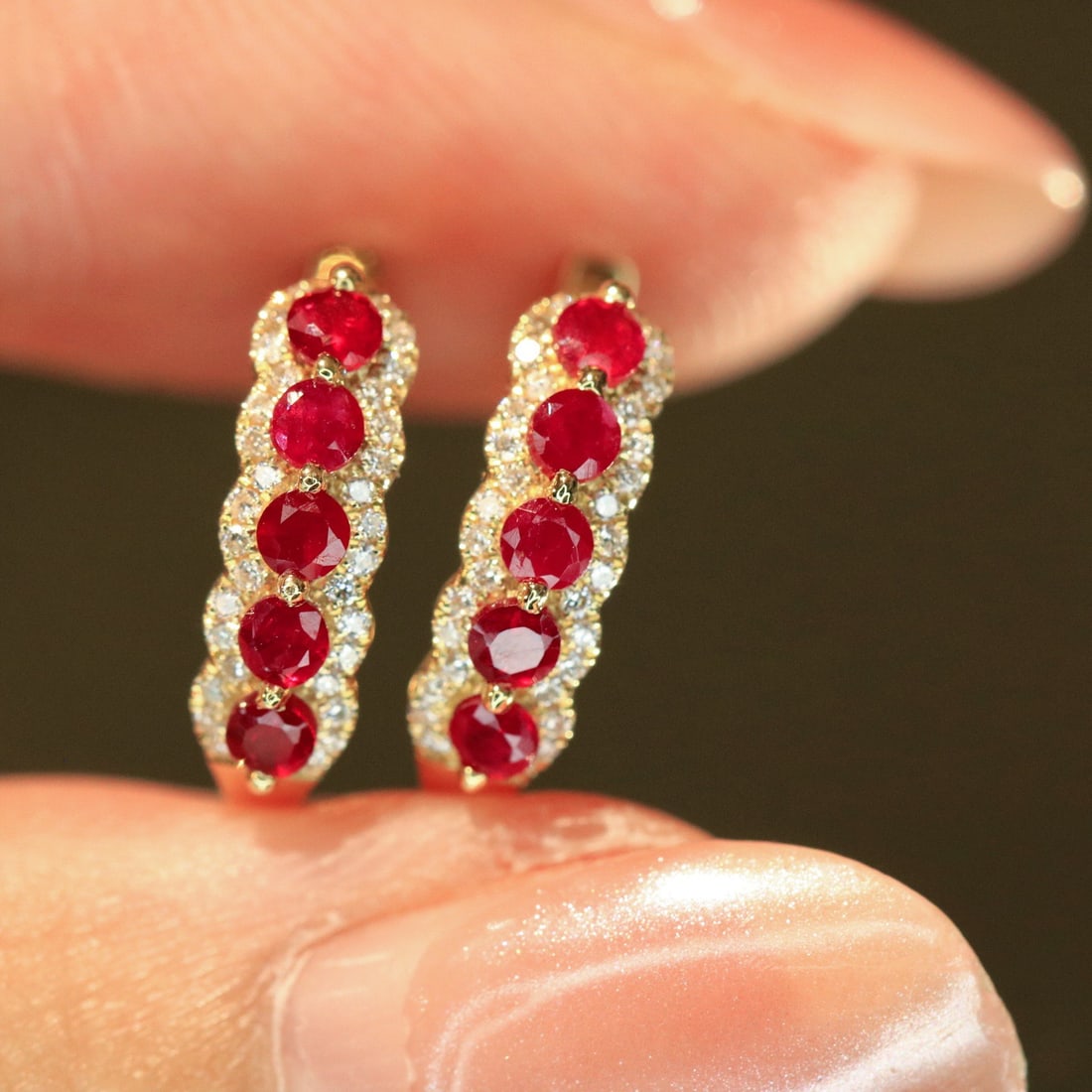 14k Gold 0.70 Ctw Natural Ruby & Diamond Earrings - 4