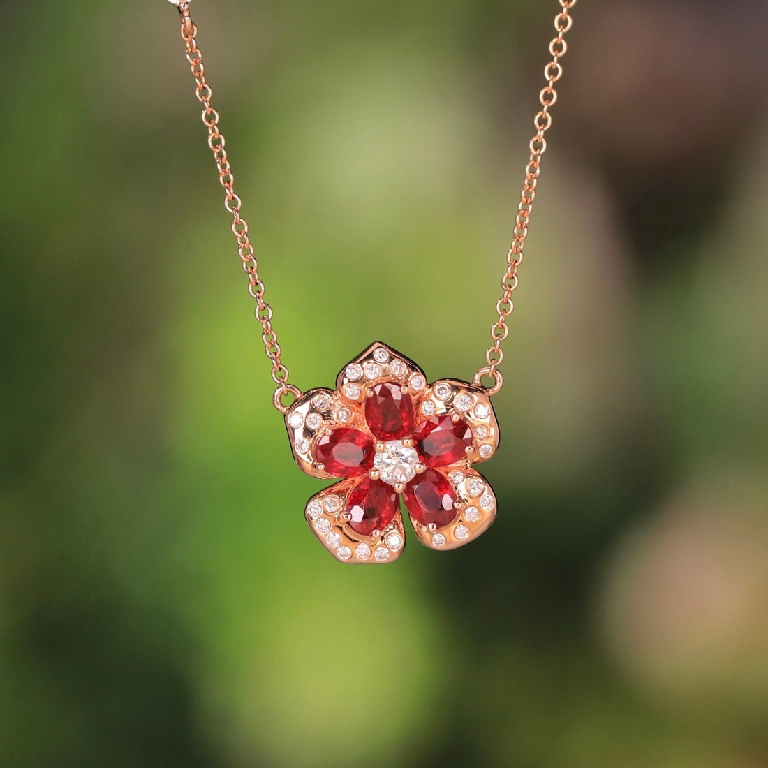 14k Gold 1.62 Ct Natural Ruby & Diamond & Flowers Necklace: Ref:231152201 // gold content:14k gold // main gemstone:ruby // shape:oval // carat weight:1. 62ct // color:red // treatment:natural // // adjacent gemstone 2 : diamond // shape:round // clarity