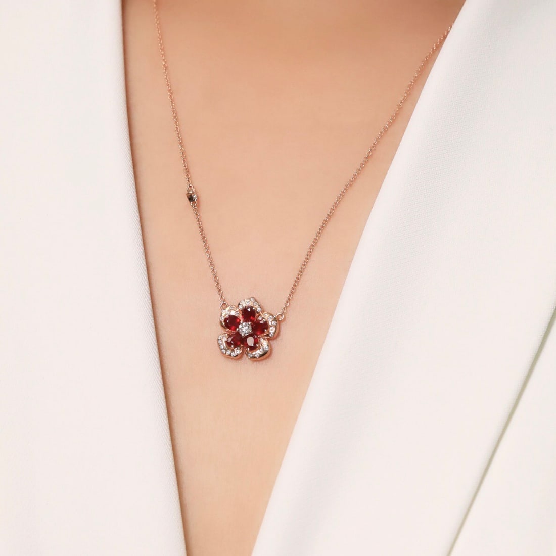 14k Gold 1.62 Ct Natural Ruby & Diamond & Flowers Necklace - 2