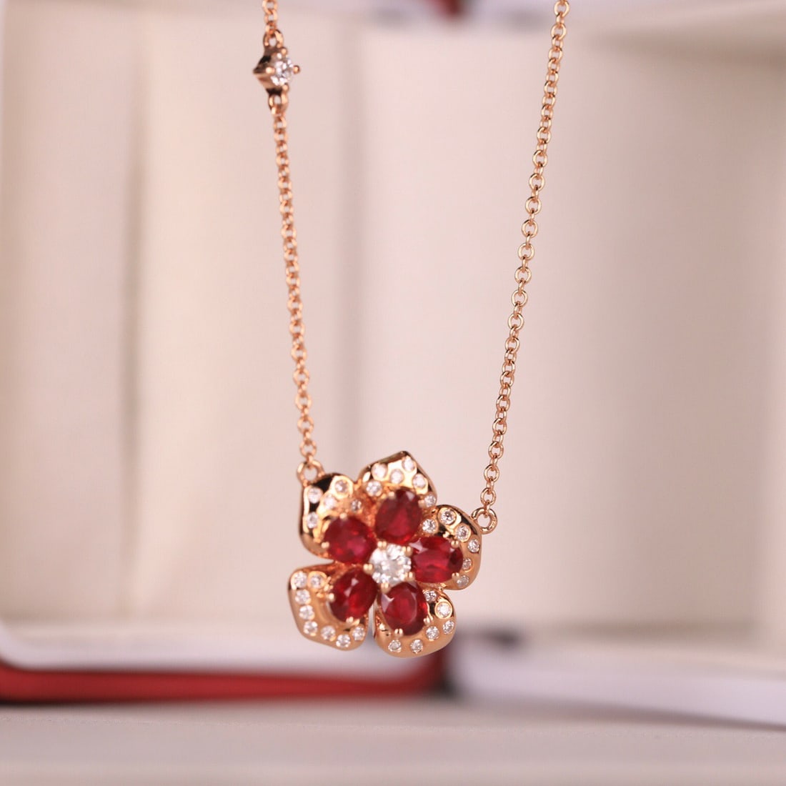 14k Gold 1.62 Ct Natural Ruby & Diamond & Flowers Necklace - 5