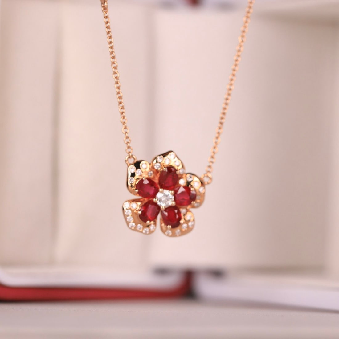 14k Gold 1.62 Ct Natural Ruby & Diamond & Flowers Necklace - 6