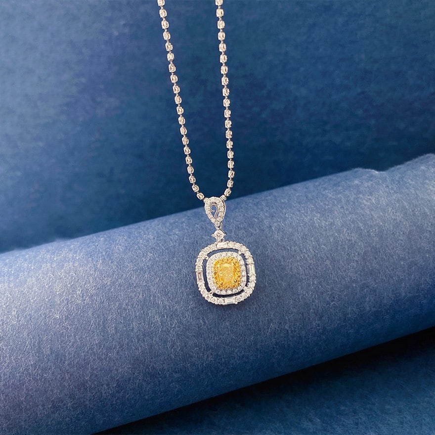 14k Gold 1.20 Ctw Natural Yellow Diamond & Diamond Pendant( Without Chain ): Ref:231152215 // gold content:14k gold // main gemstone:yellow diamond // shape:cushion // carat weight:0. 50ct // color:yellow // treatment:natural // // adjacent gemstone 2 : diamond // shape:round