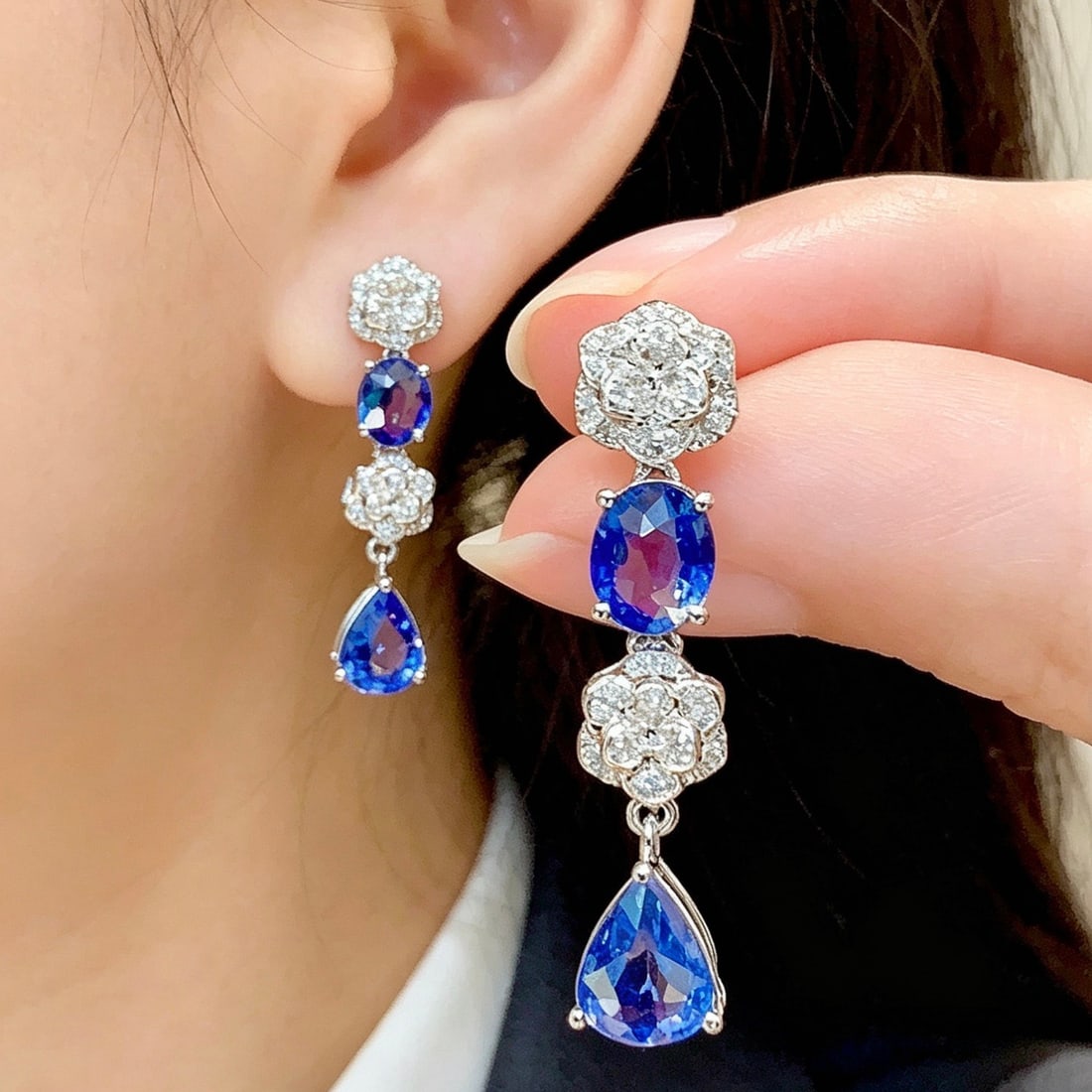 14k Gold 3.5 Ct Natural Sapphire & Diamond Earrings - 5