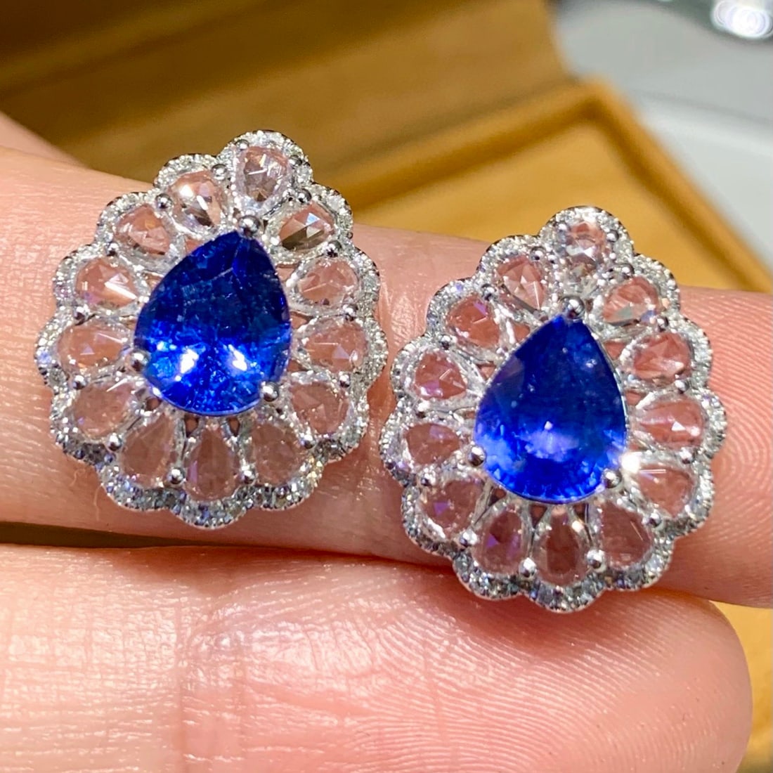 14k Gold 2.7 Ct Natural Sapphire & Diamond & Sapphire Earrings - 2