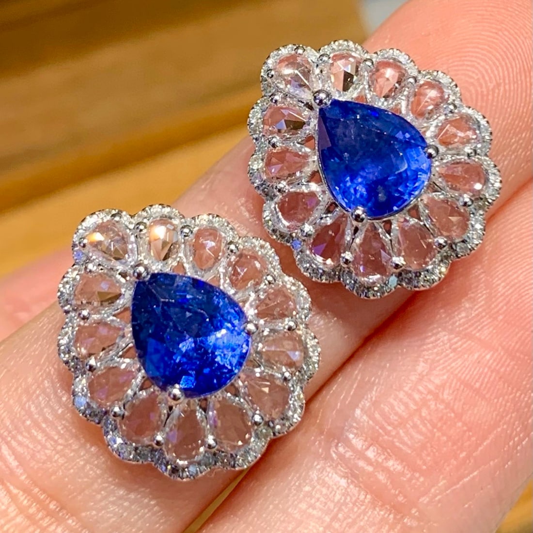 14k Gold 2.7 Ct Natural Sapphire & Diamond & Sapphire Earrings - 3
