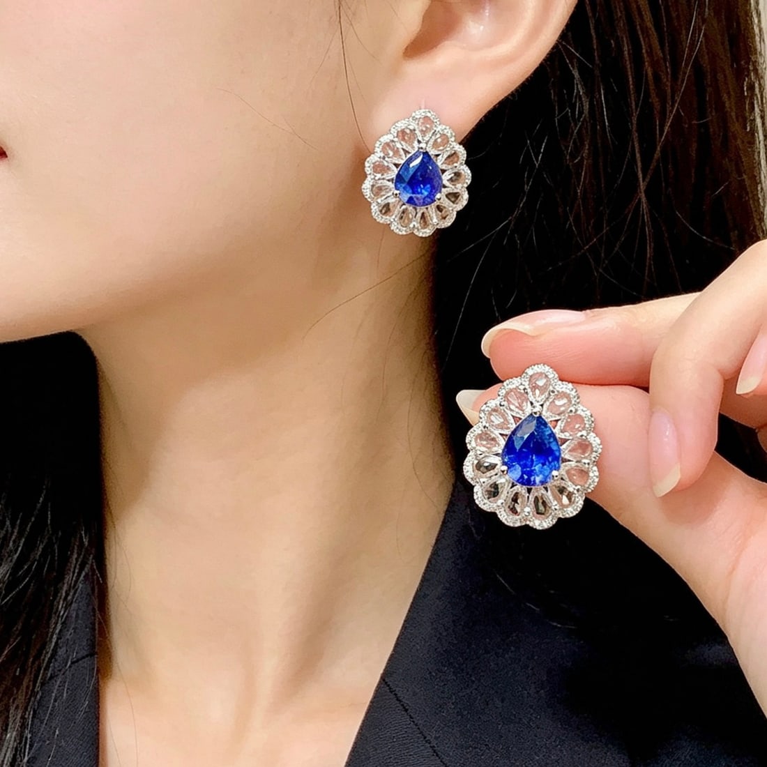 14k Gold 2.7 Ct Natural Sapphire & Diamond & Sapphire Earrings - 5