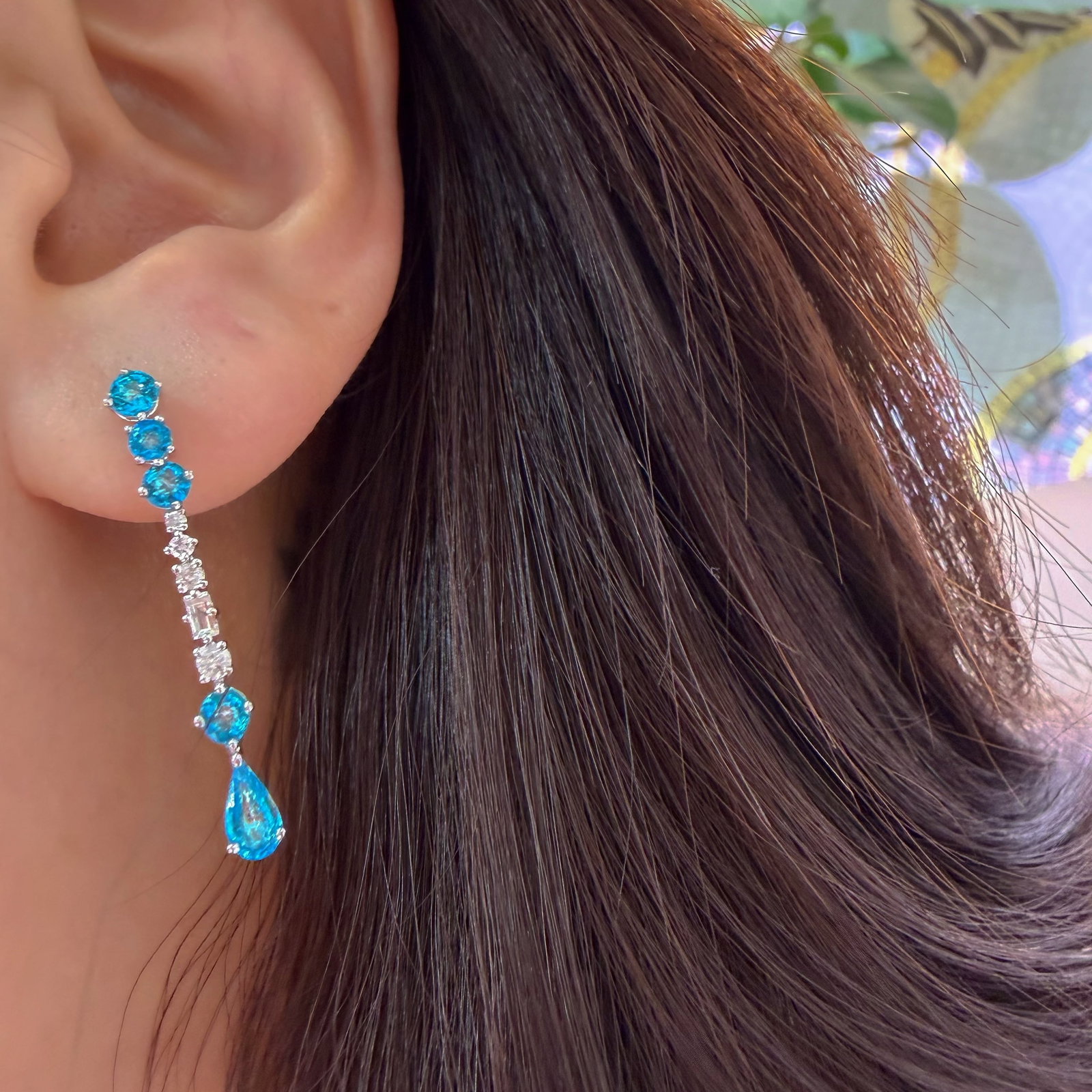 14k Gold 1 Ct Natural Paraiba Tourmaline & Diamond Earrings - 3
