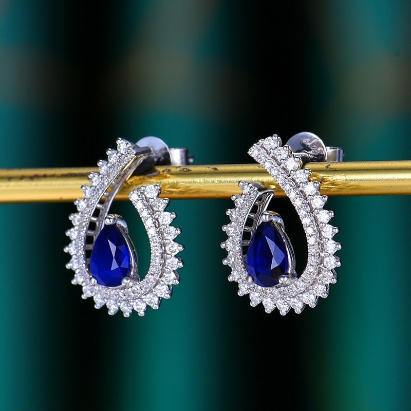 14k Gold 1.77 Ctw Vivid Blue Natural Sapphire & Diamond Earrings - 2