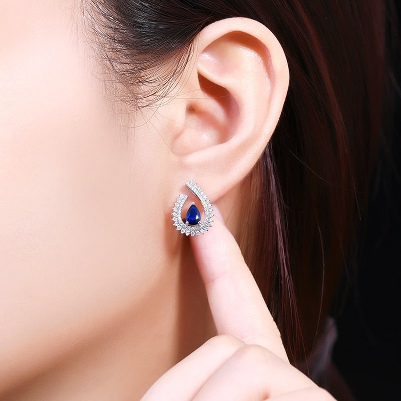 14k Gold 1.77 Ctw Vivid Blue Natural Sapphire & Diamond Earrings - 5