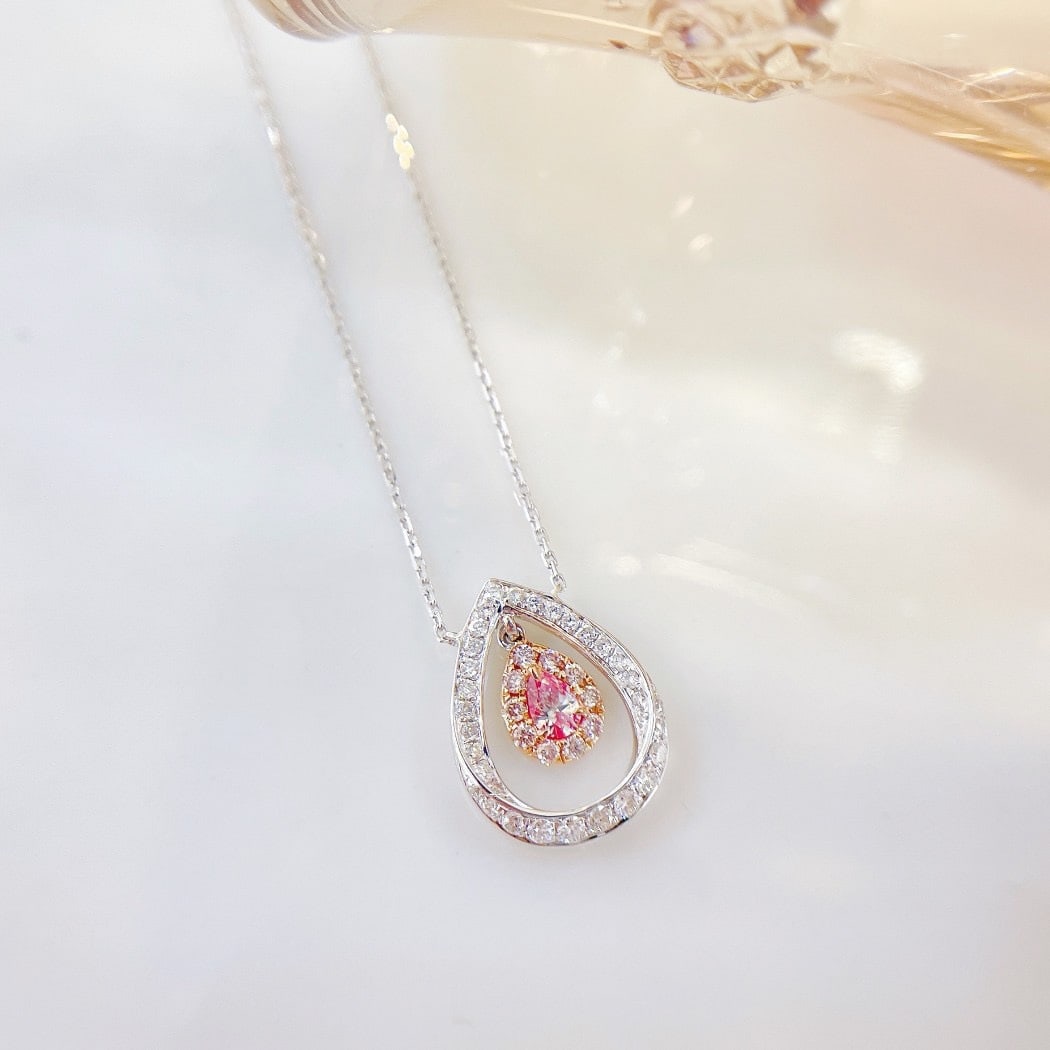 14k Gold 0.30 Ctw Natural Pink Diamond & Diamond Necklace: Ref:231152273 // gold content:14k gold // main gemstone:pink diamond // shape:pear // carat weight:0. 08ct // color:pink // treatment:natural // // adjacent gemstone 2 : diamond // shape:round //