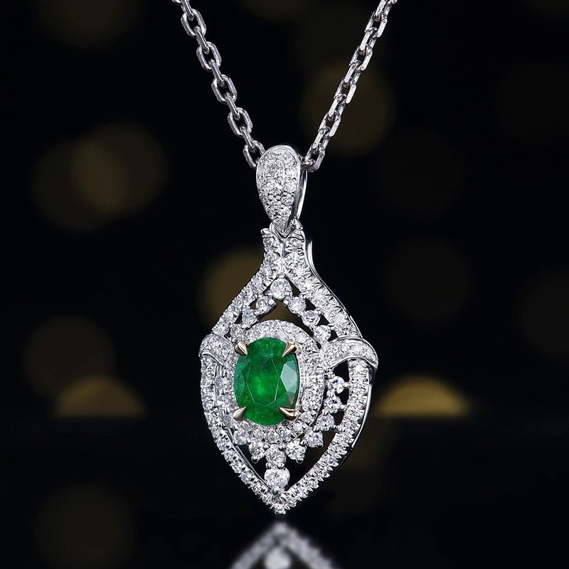 14k Gold 0.7 Ctw Vivid Green Natural Emerald & Diamond Pendant( Without Chain ) - 2