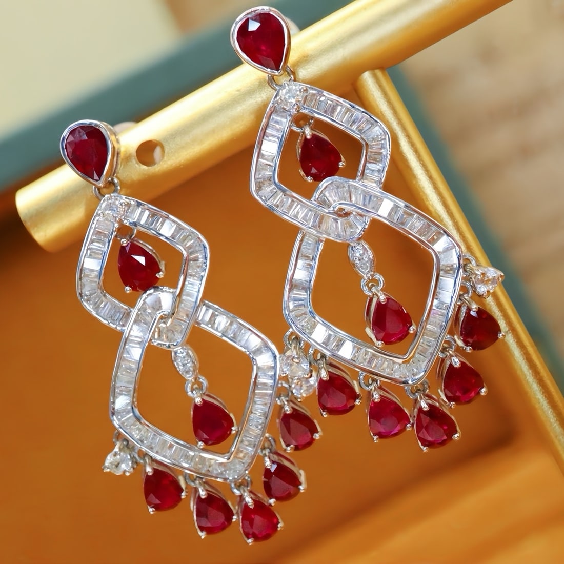 14k Gold 4.62 Ctw Vivid Red Natural Ruby & Diamond Earrings - 2
