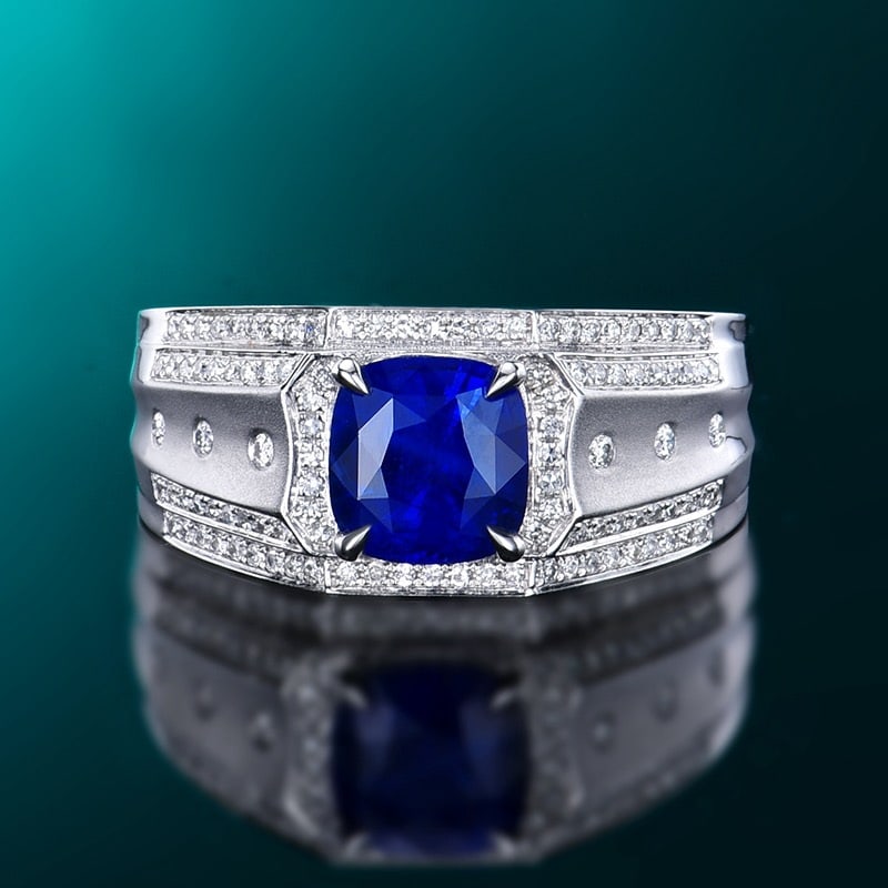 14k Gold 2.13 Ctw Natural Sapphire & Diamond & Men¡¯s Ring: Ref:231152297 // gold content:14k gold // ring size:8us // // main gemstone:sapphire // shape:cushion // carat weight:1. 83ct // color:blue // treatment:natural // // adjacent gemstone 2 : diamond // 