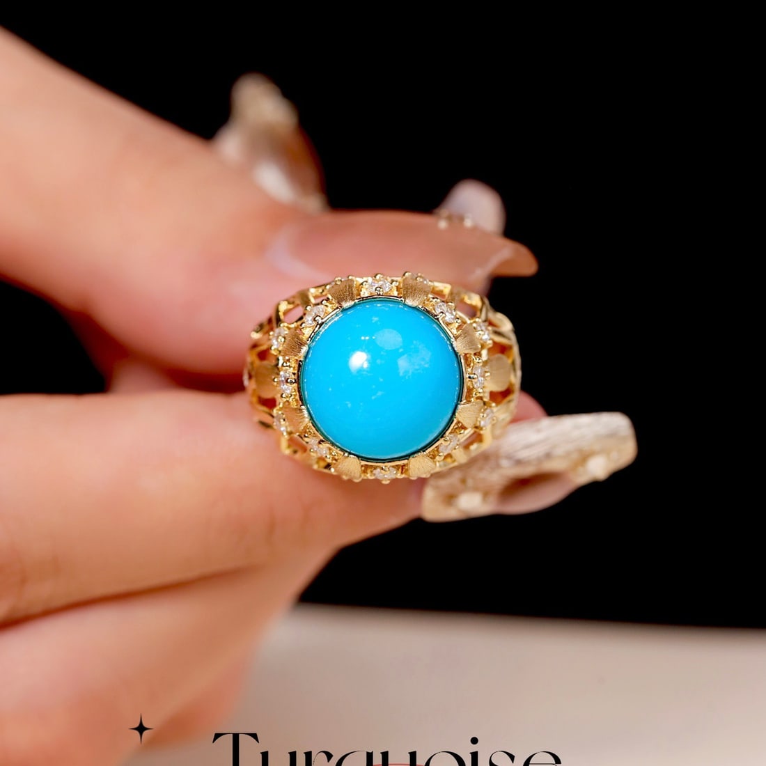 14k Gold 7.45 Ctw Natural Blue Turquoise & Diamond Ring: Ref:231152330 // gold content:14k gold // ring size:7. 25us // // main gemstone:blue turquoise // shape:round // carat weight:6. 95ct // color:blue // treatment:natural // cut grade:g // // adjacent