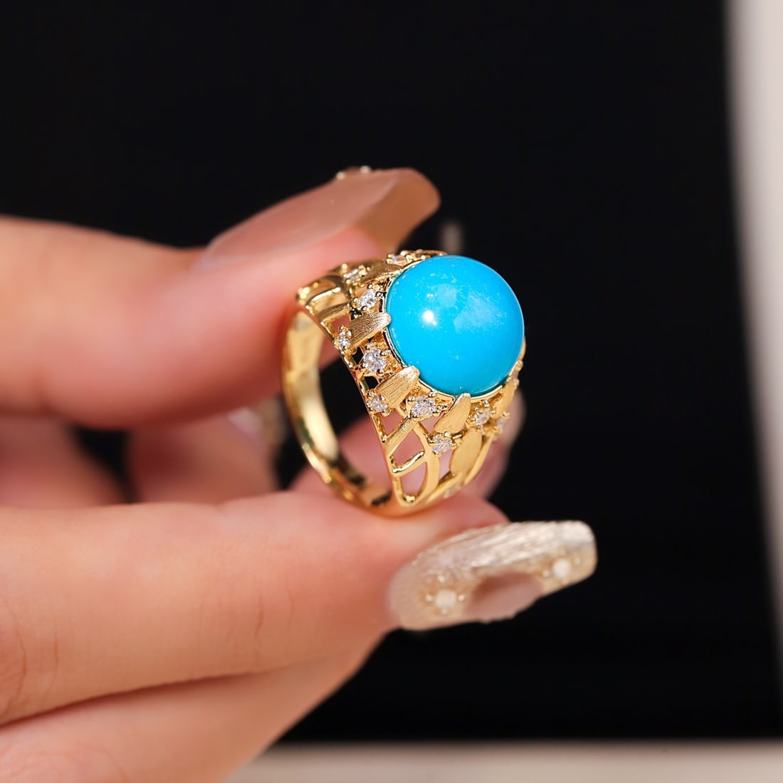 14k Gold 7.45 Ctw Natural Blue Turquoise & Diamond Ring - 3