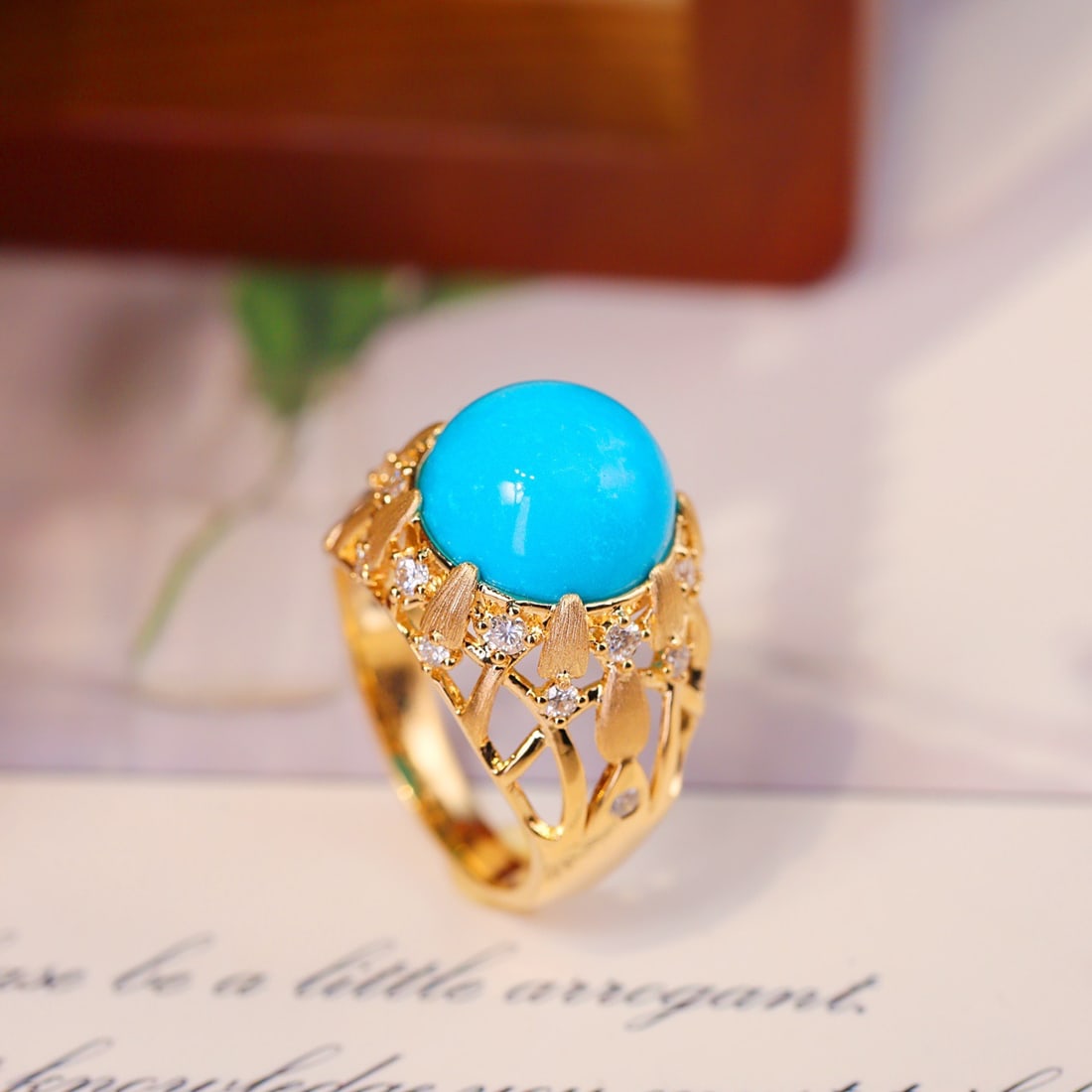 14k Gold 7.45 Ctw Natural Blue Turquoise & Diamond Ring - 4