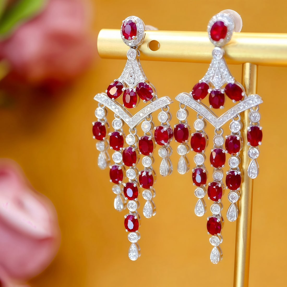 14k Gold 5.65 Ctw Vivid Red Natural Ruby & Diamond Earrings - 3