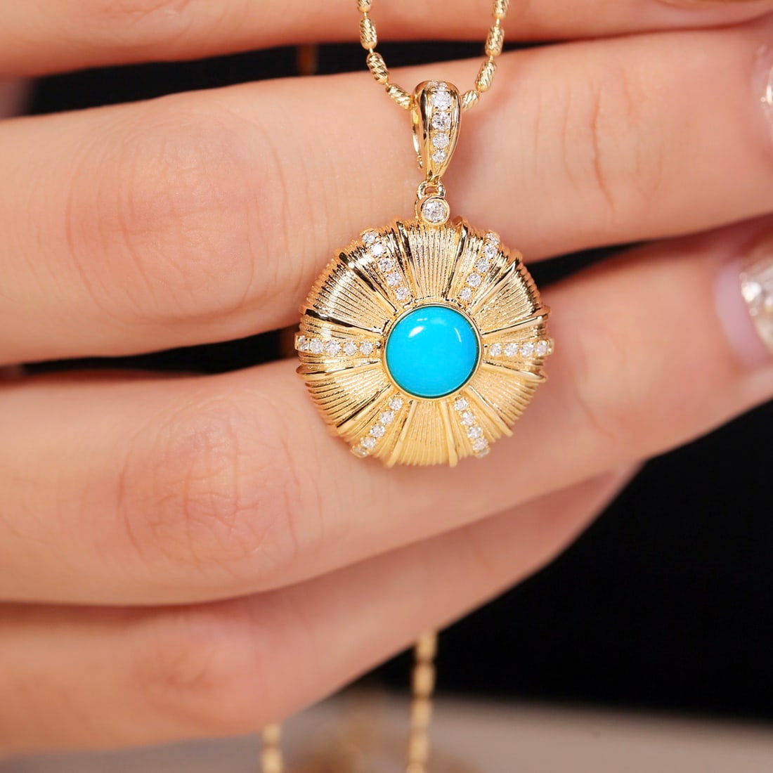 14k Gold 1.04 Ctw Natural Blue Turquoise & Diamond Pendant( Without Chain ) - 2