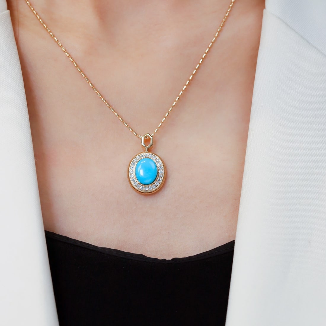 14k Gold 2.67 Ctw Natural Blue Turquoise & Diamond Pendant( Without Chain ) - 3