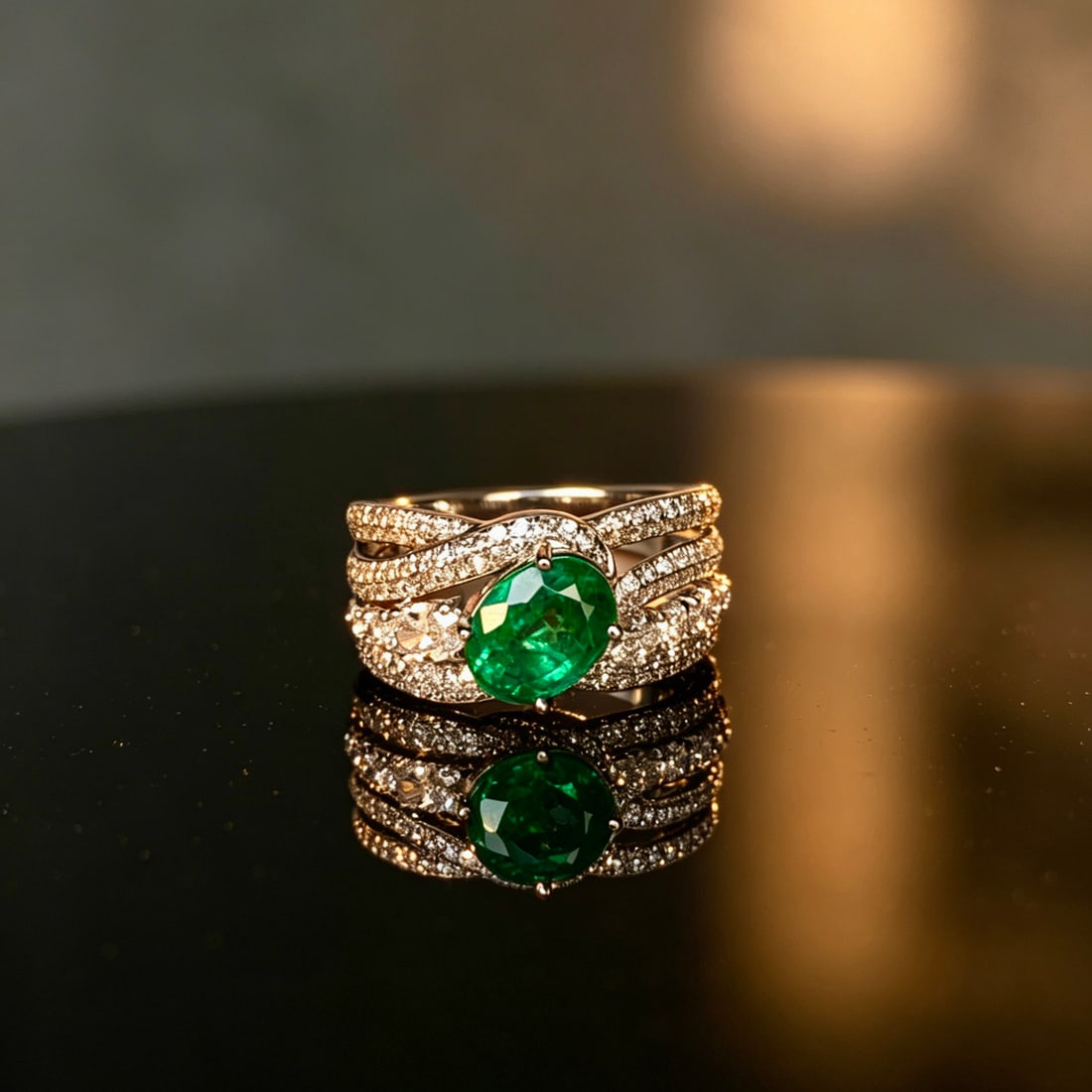 14k Gold 1.46 Ct Vivid Green Natural Emerald & Diamond Ring - 2
