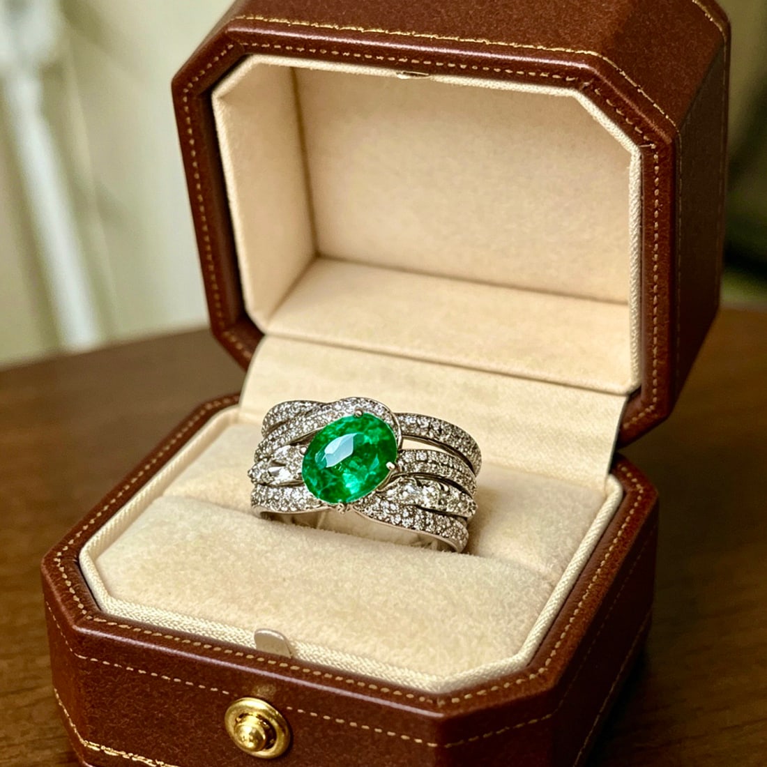 14k Gold 1.46 Ct Vivid Green Natural Emerald & Diamond Ring - 6