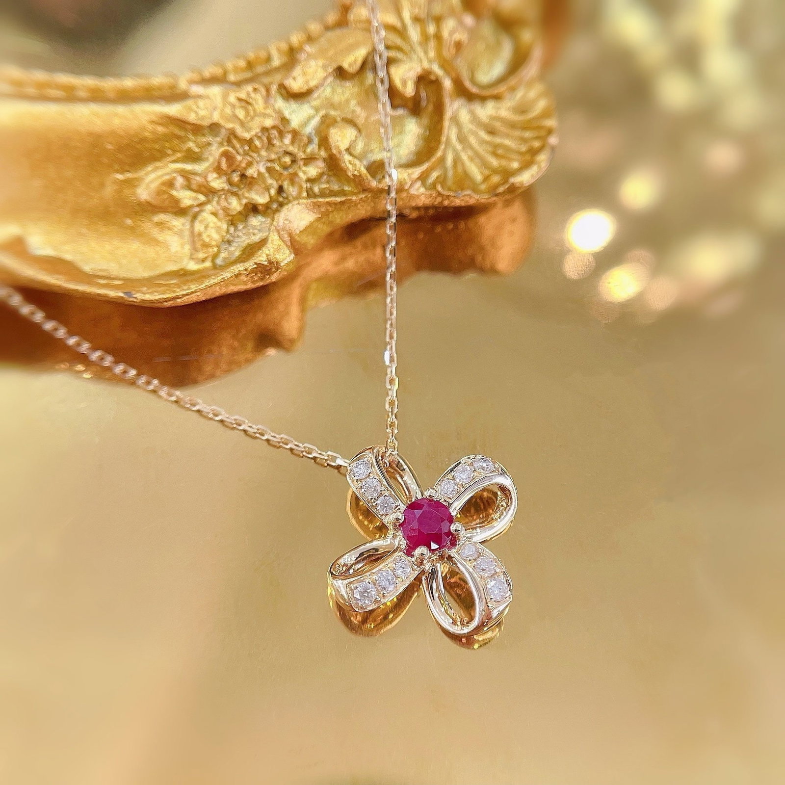 14k Gold 0.28 Ctw Natural Ruby & Diamond Necklace - 3